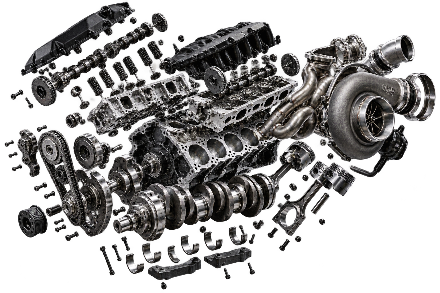 Exploded high-performance engine components representing scattered marketing activity