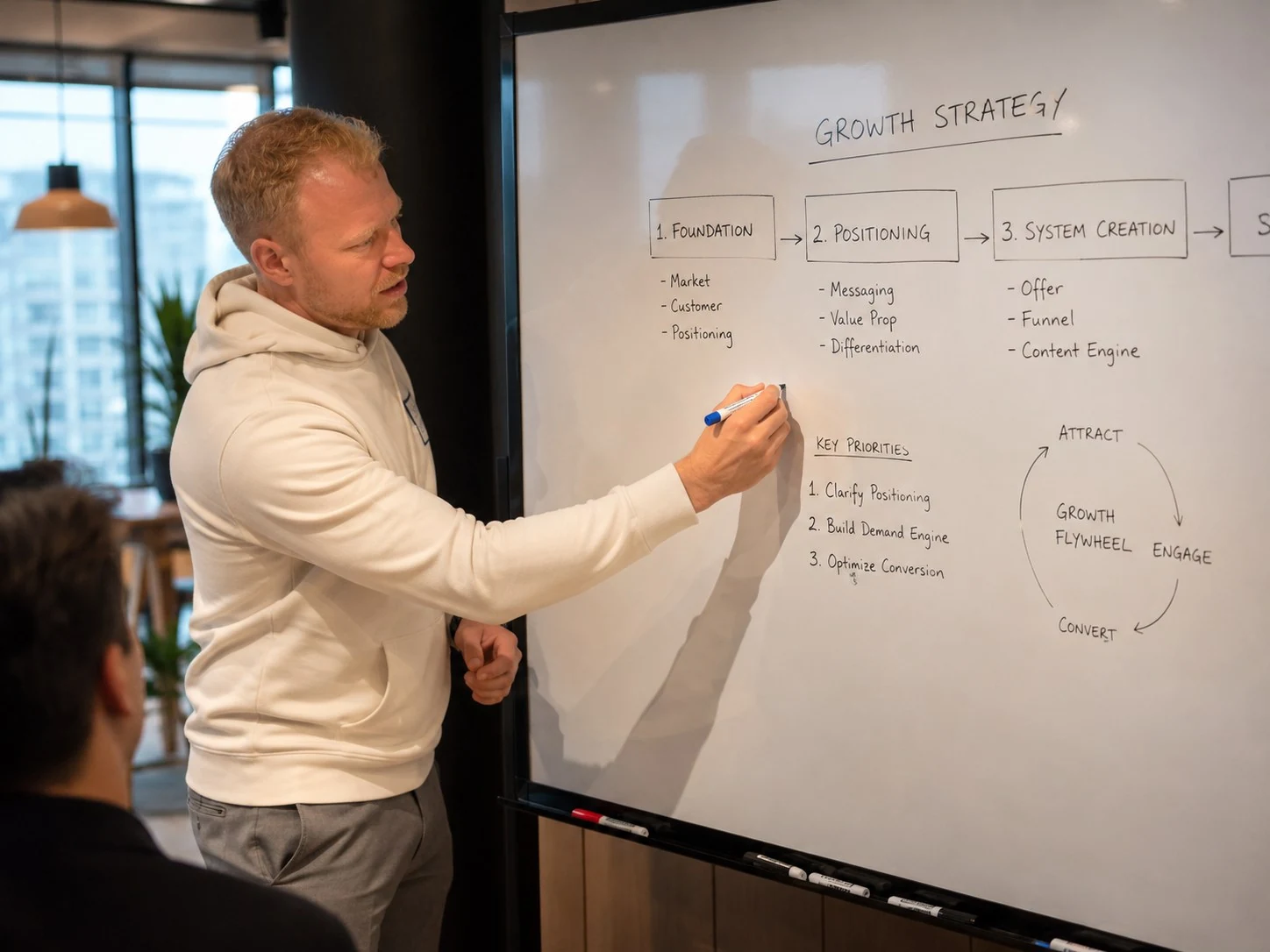 Jason Gillespie mapping a growth strategy on a whiteboard